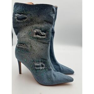 Vivianly Blue Denim Rhinestone Distressed Stiletto Boots Pointed Toe Size 9